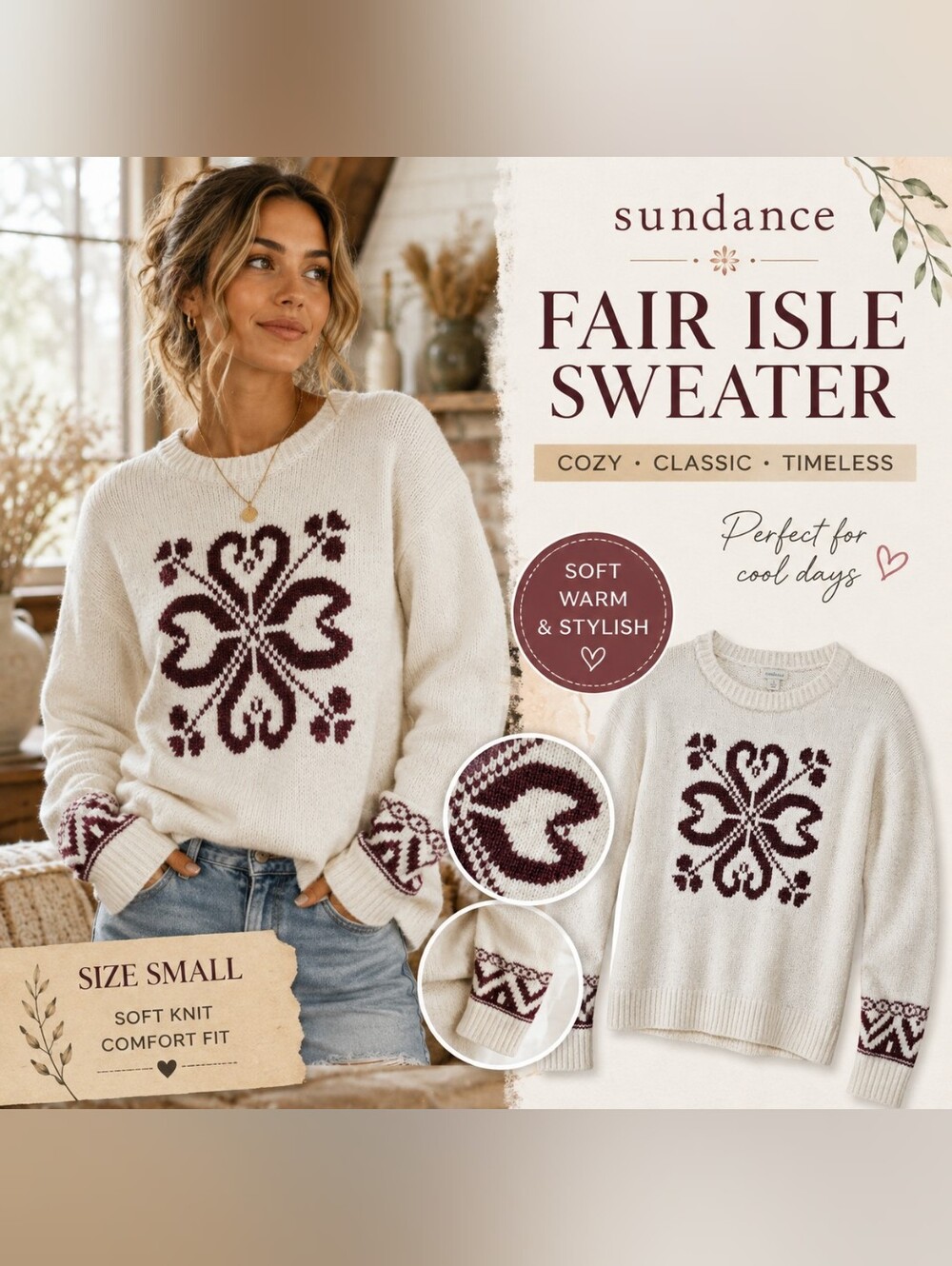 Sundance Ivory Fair Isle Heart Sweater Size S